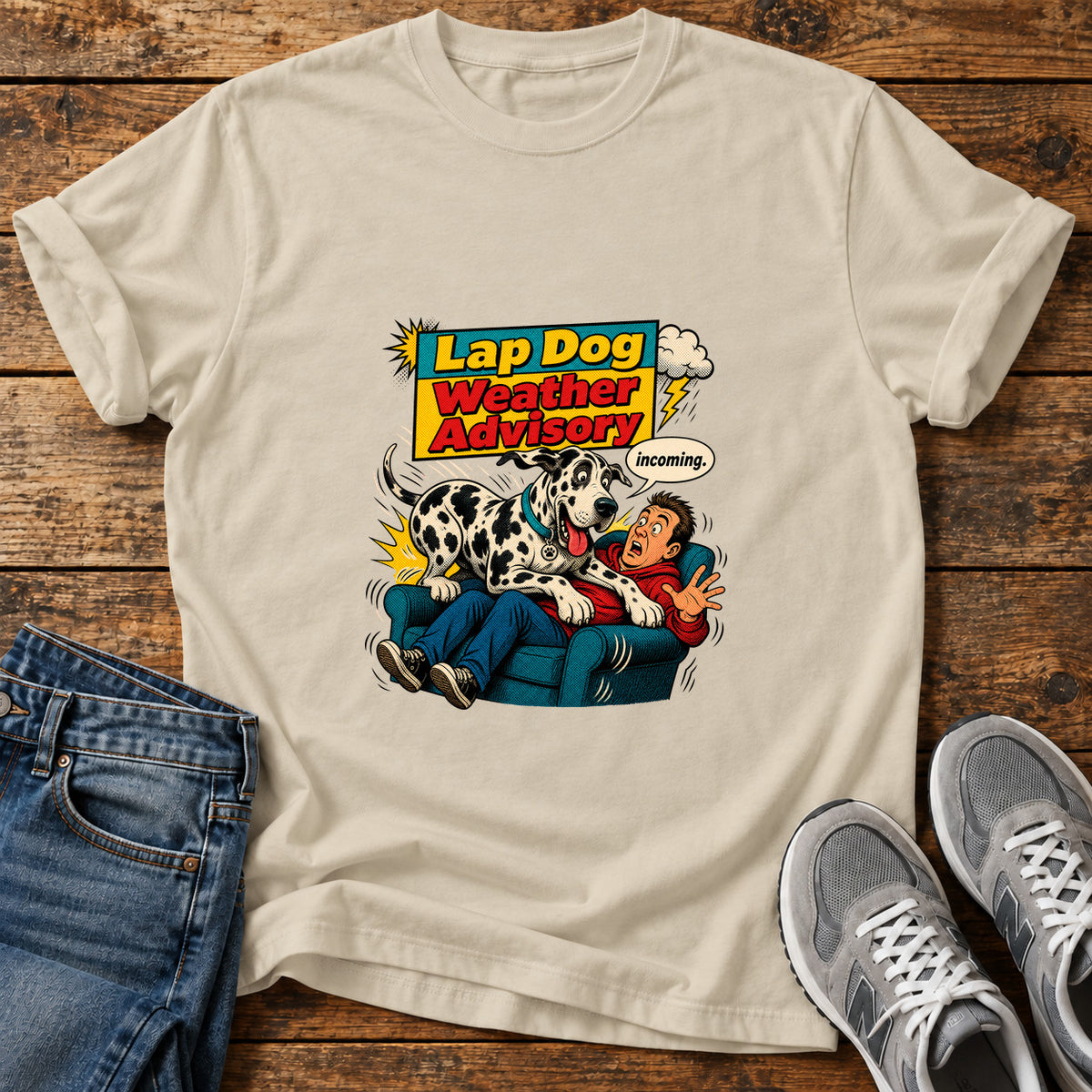 Lap Dog Advisory Great Dane graphic T-shirt in Sand, shown on a flat-lay shirt mockup