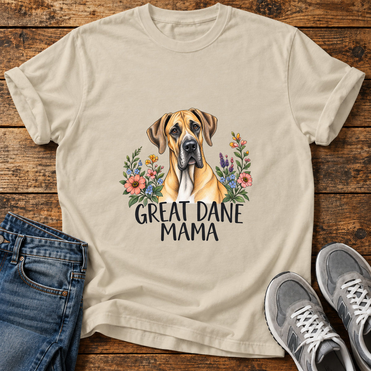 Great Dane Mama graphic T-shirt in Sand, shown on a flat-lay shirt mockup