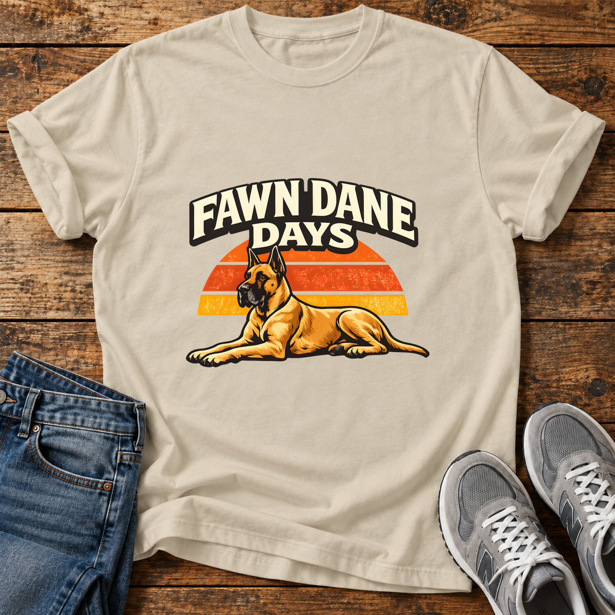 Fawn Dane Days Great Dane graphic T-shirt in Sand, shown on a flat-lay shirt mockup