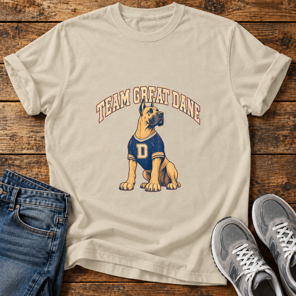 Team Great Dane graphic T-shirt in Sand, shown on a flat-lay shirt mockup