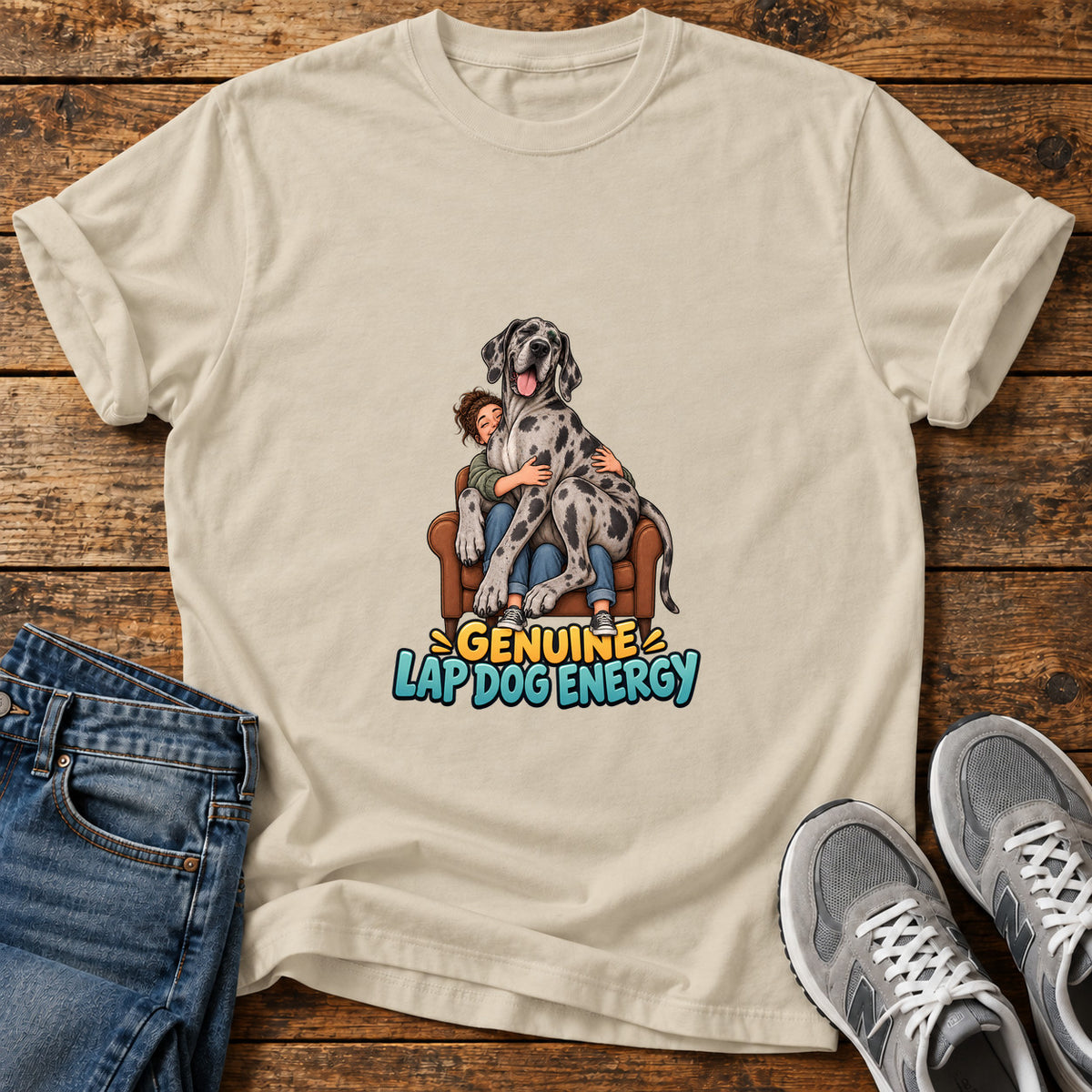 Genuine Lap Dog Great Dane graphic T-shirt in Sand, shown on a flat-lay shirt mockup