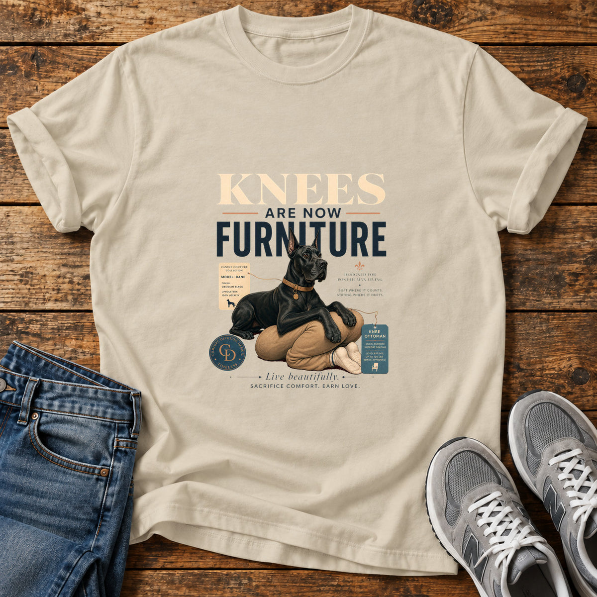 Knees Furniture Great Dane graphic T-shirt in Sand, shown on a flat-lay shirt mockup