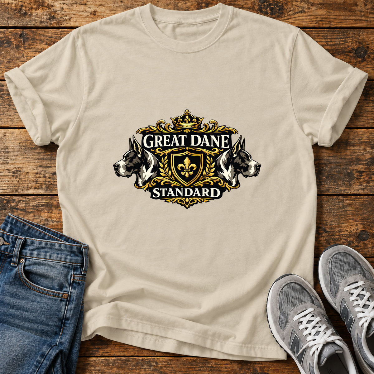 Great Dane Standard graphic T-shirt in Sand, shown on a flat-lay shirt mockup