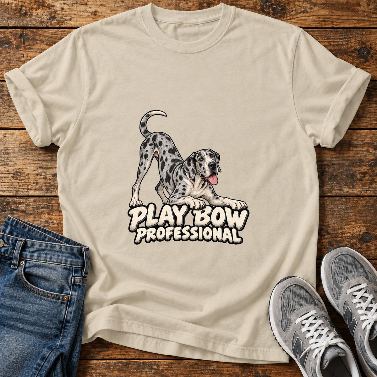 Play Bow Pro Great Dane graphic T-shirt in Sand, shown on a flat-lay shirt mockup