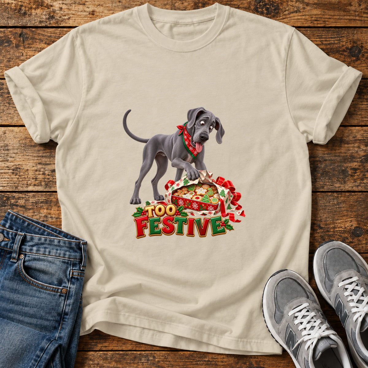 Too Festive Great Dane graphic T-shirt in Sand, shown on a flat-lay shirt mockup