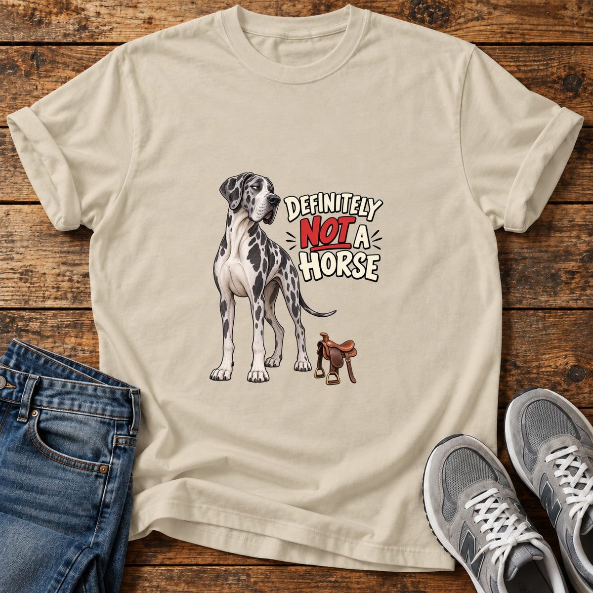 Not A Horse Great Dane graphic T-shirt in Sand, shown on a flat-lay shirt mockup