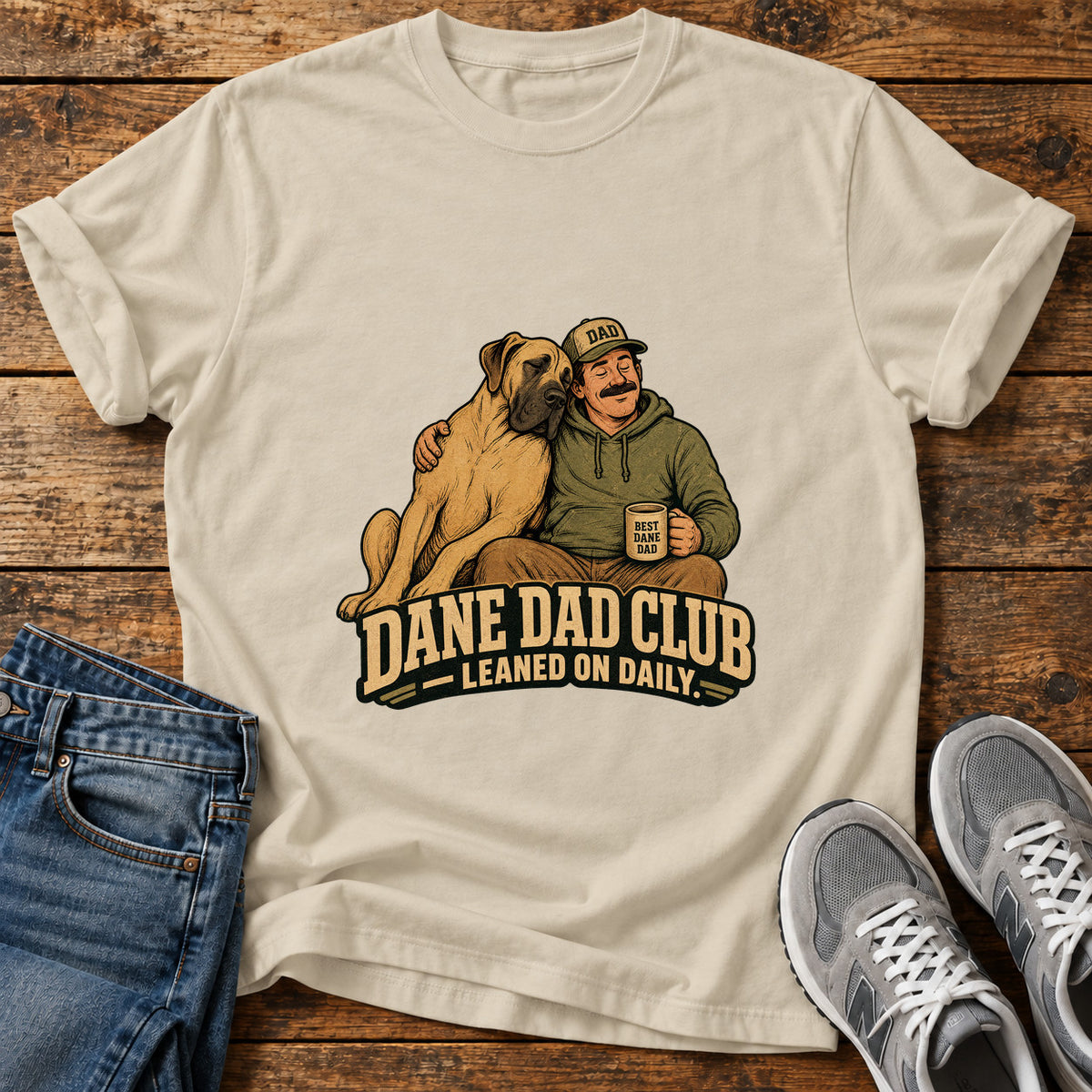 Dane Dad Club Great Dane graphic T-shirt in Sand, shown on a flat-lay shirt mockup
