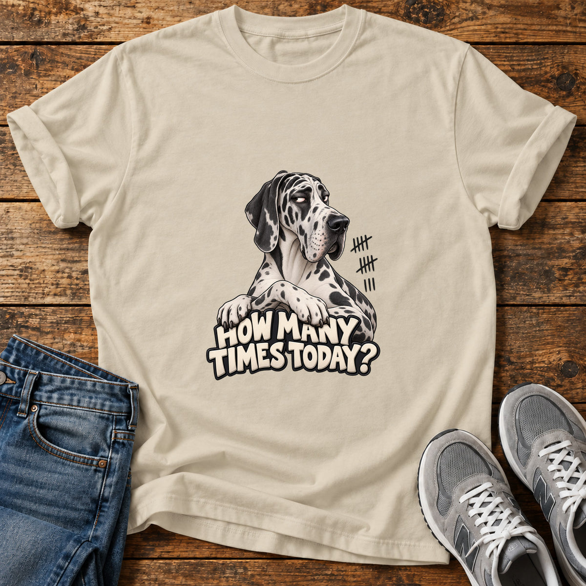 How Many Times Great Dane graphic T-shirt in Sand, shown on a flat-lay shirt mockup