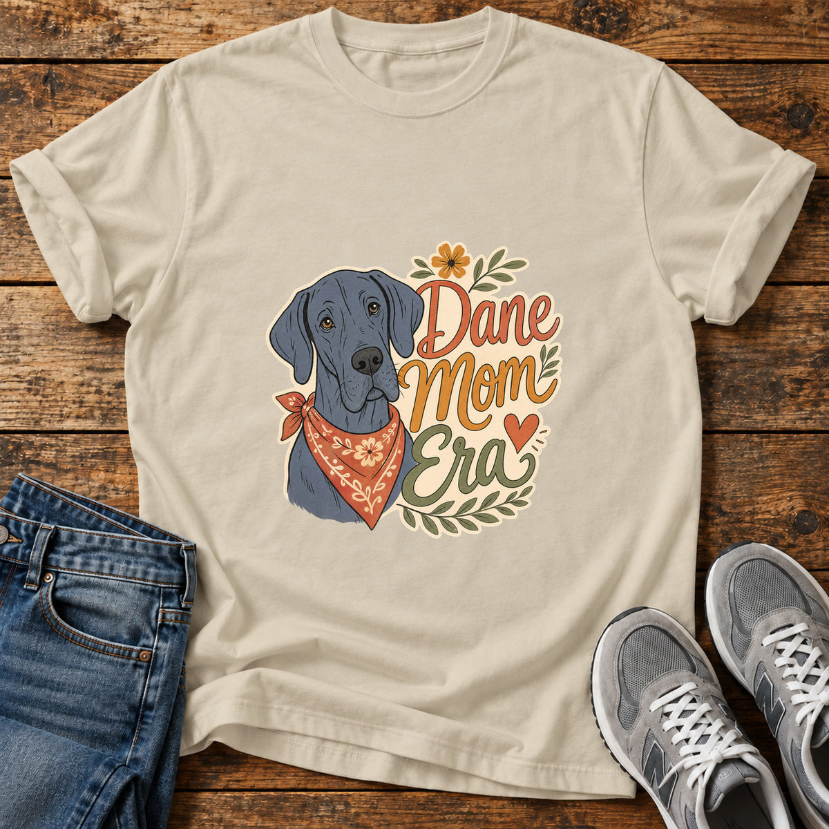 Dane Mom Era Great Dane graphic T-shirt in Sand, shown on a flat-lay shirt mockup