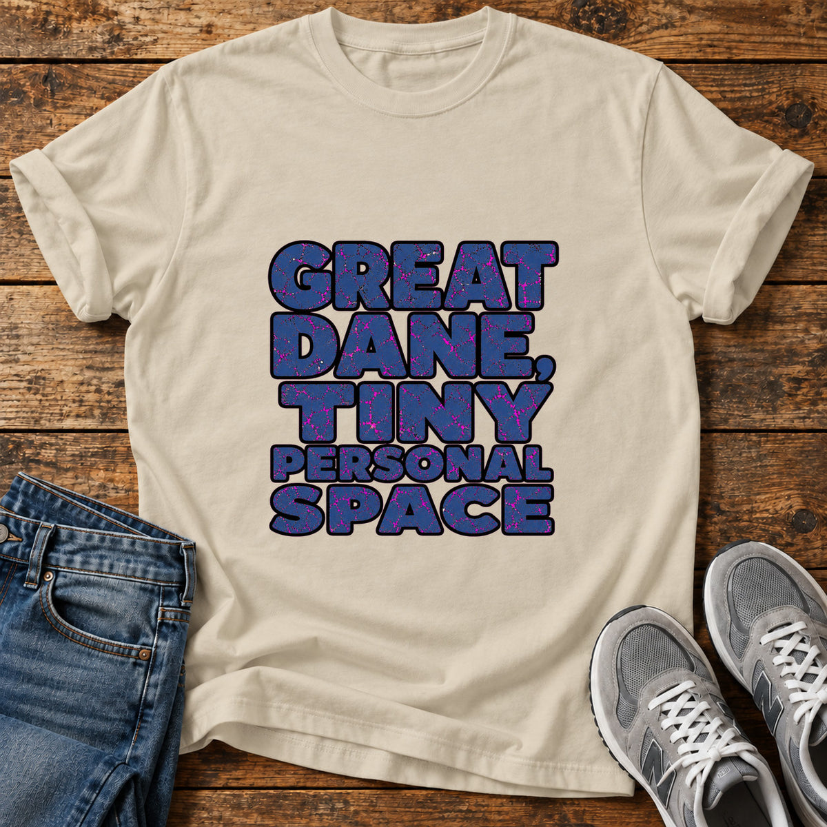 Great Dane Space graphic T-shirt in Sand, shown on a flat-lay shirt mockup