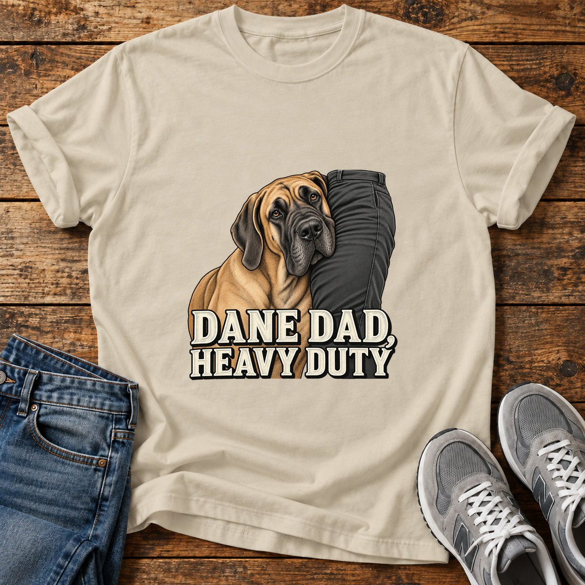 Dane Dad Duty Great Dane graphic T-shirt in Sand, shown on a flat-lay shirt mockup