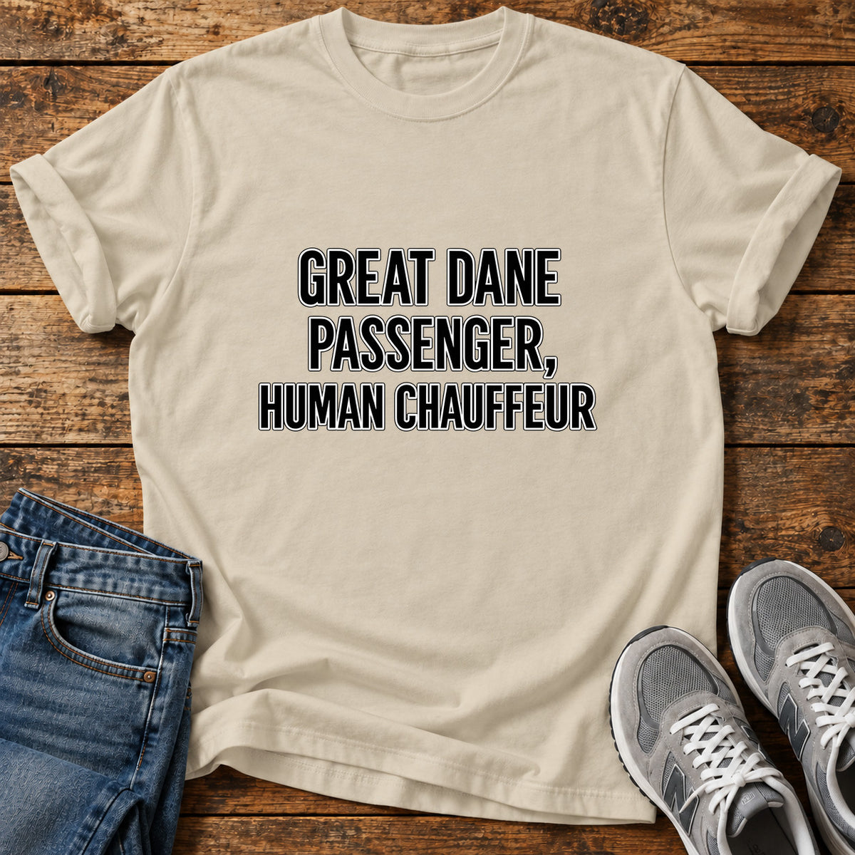 Great Dane Chauffeur graphic T-shirt in Sand, shown on a flat-lay shirt mockup