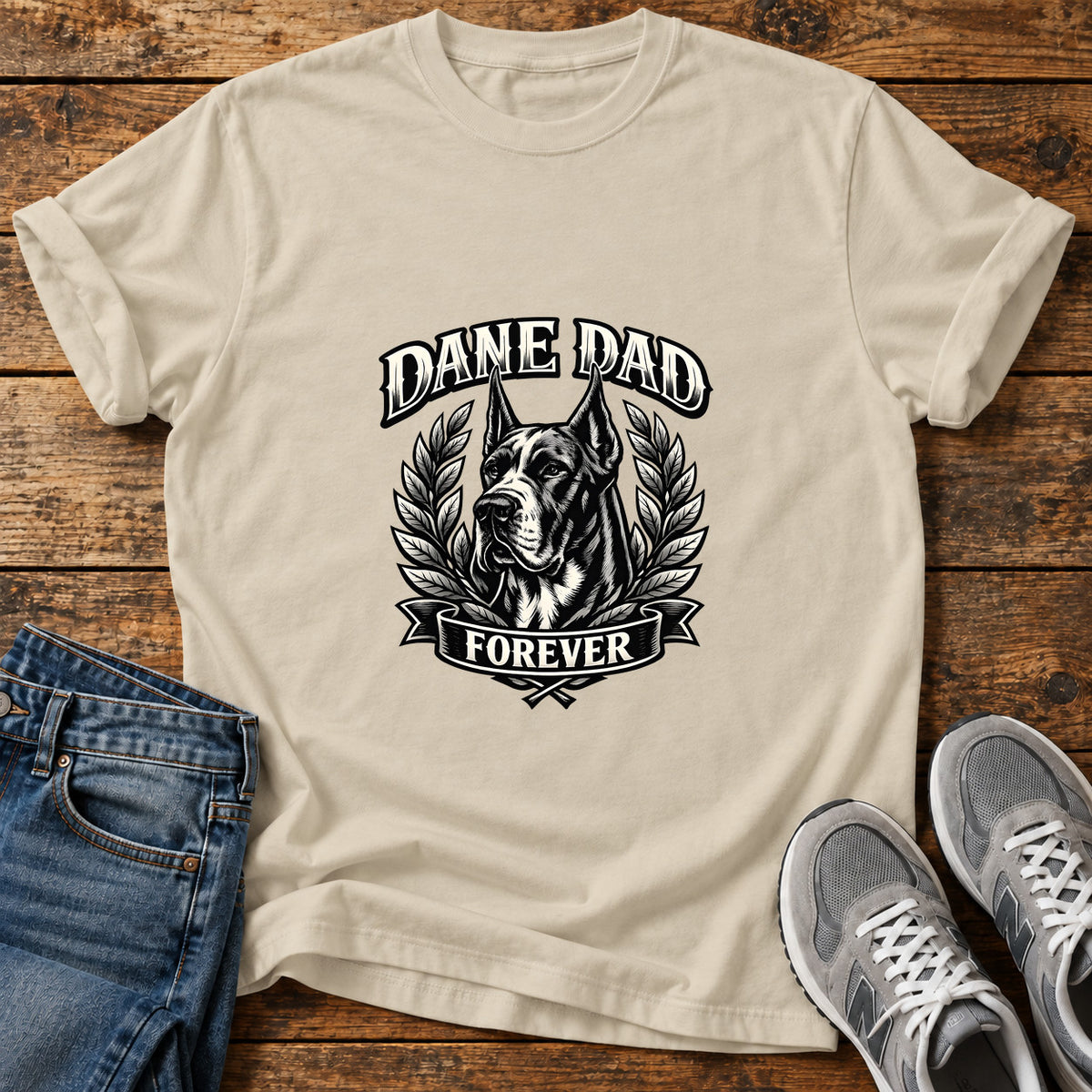 Dane Dad Forever Great Dane graphic T-shirt in Sand, shown on a flat-lay shirt mockup