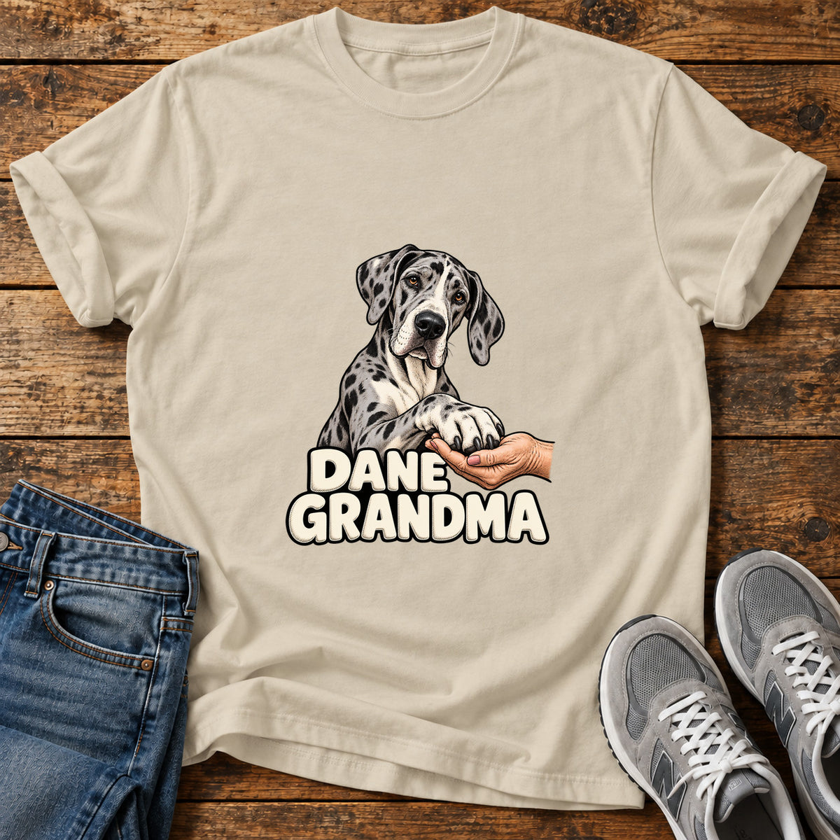 Dane Grandma Great Dane graphic T-shirt in Sand, shown on a flat-lay shirt mockup
