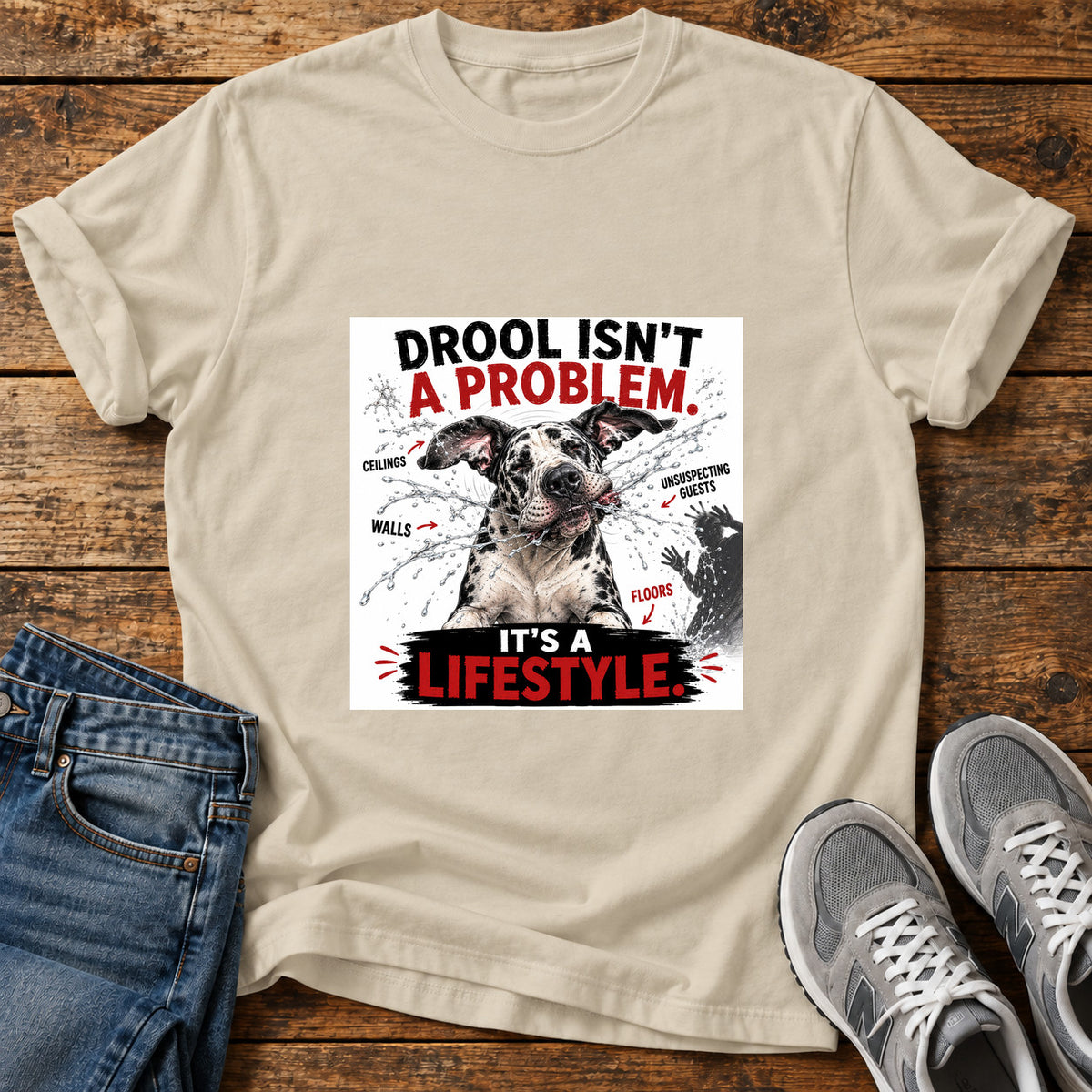 Drool Lifestyle Great Dane graphic T-shirt in Sand, shown on a flat-lay shirt mockup