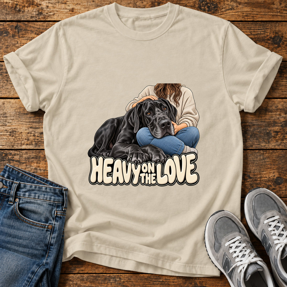 Heavy Love Great Dane graphic T-shirt in Sand, shown on a flat-lay shirt mockup