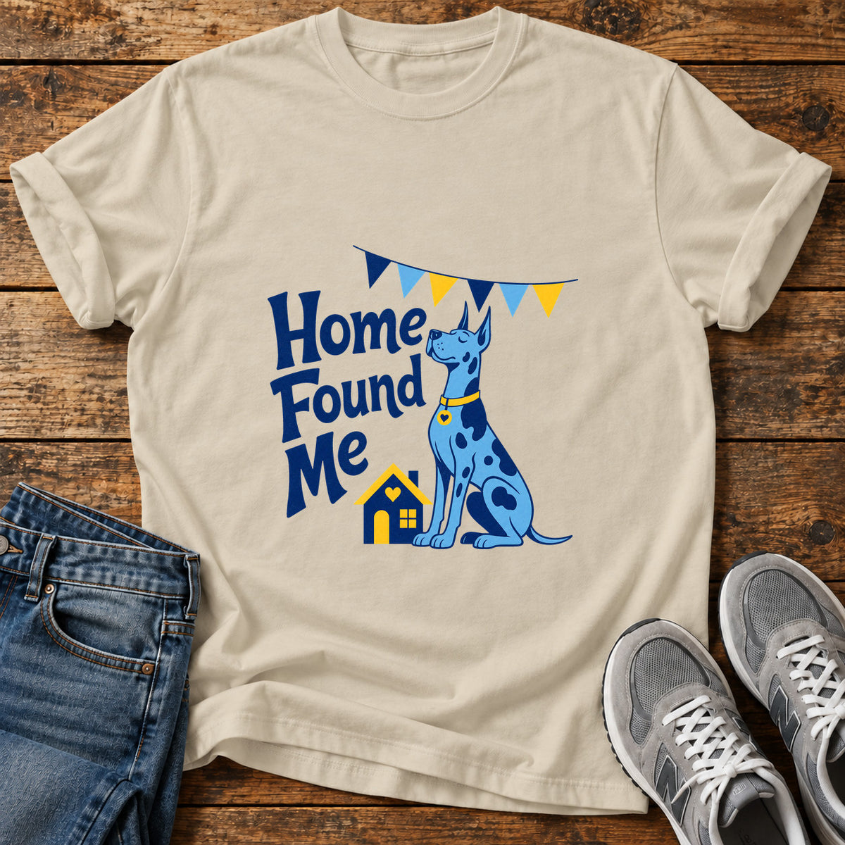 Home Found Me Great Dane graphic T-shirt in Sand, shown on a flat-lay shirt mockup