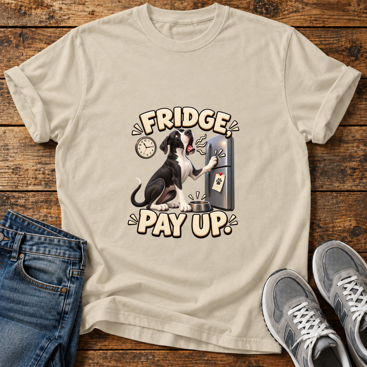 Fridge Pay Up Great Dane graphic T-shirt in Sand, shown on a flat-lay shirt mockup
