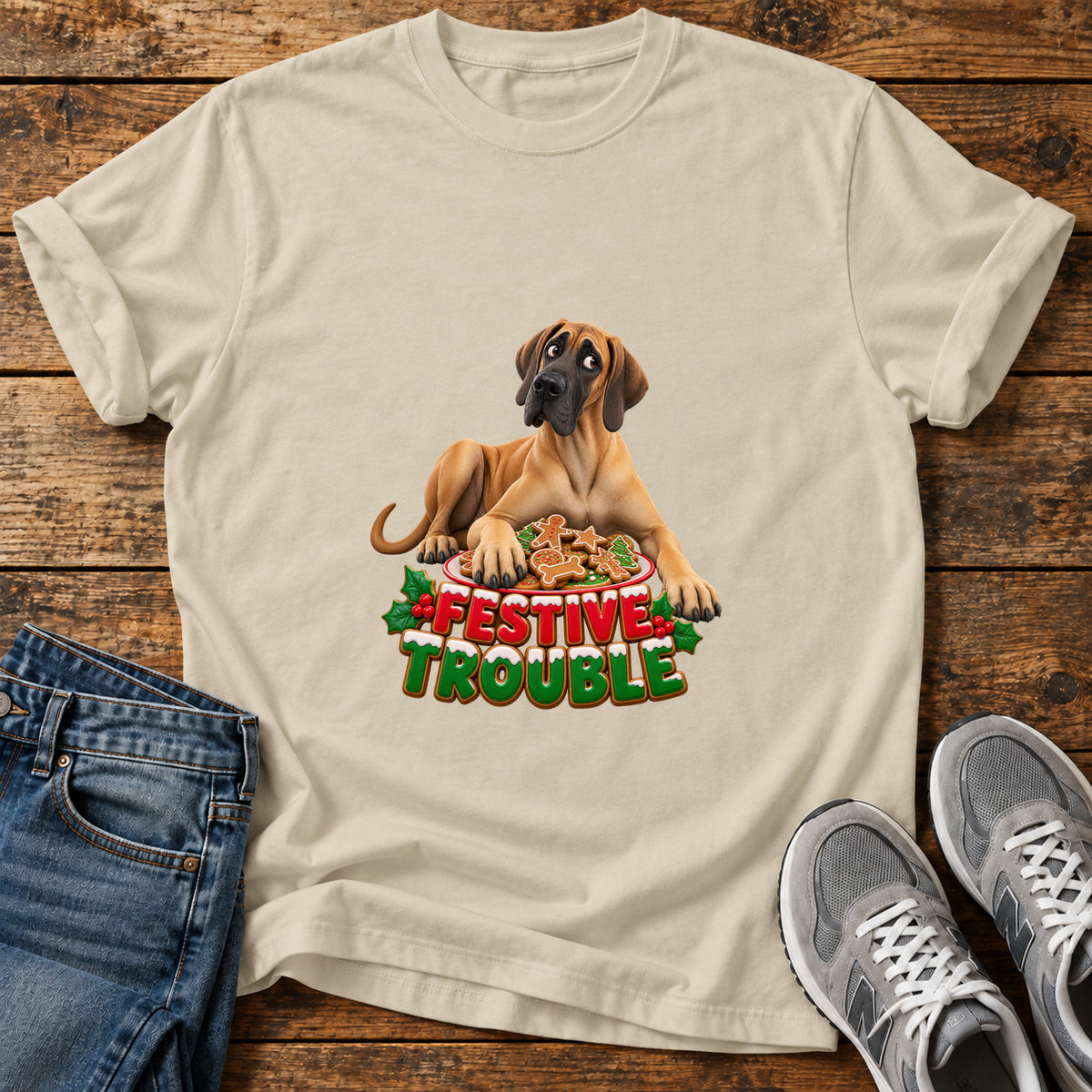 Festive Trouble Great Dane graphic T-shirt in Sand, shown on a flat-lay shirt mockup