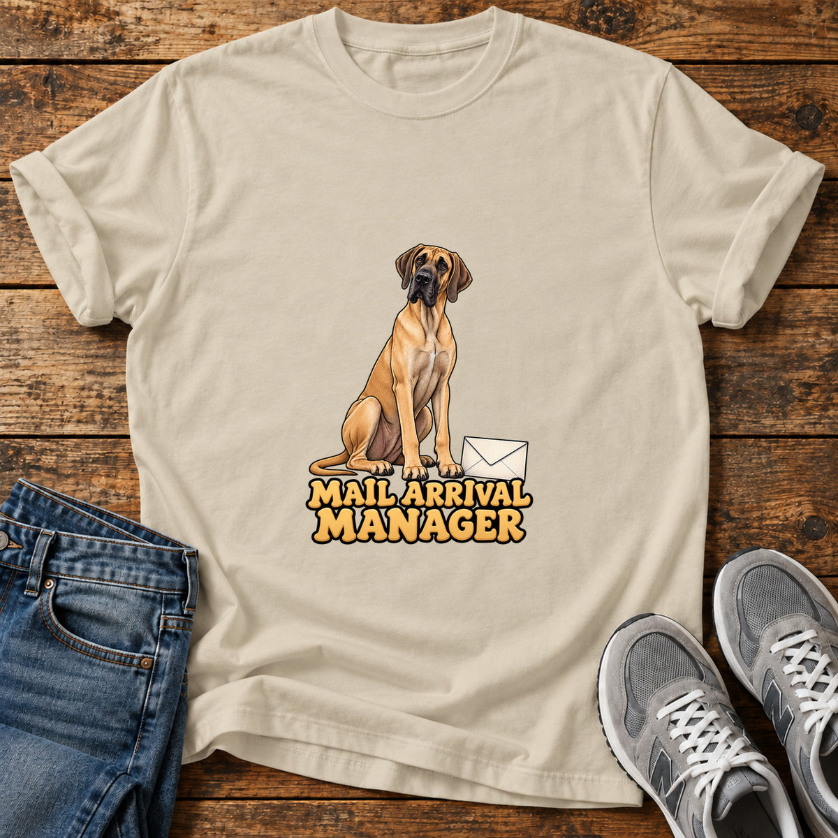 Mail Arrival Manager Great Dane graphic T-shirt in Sand, shown on a flat-lay shirt mockup