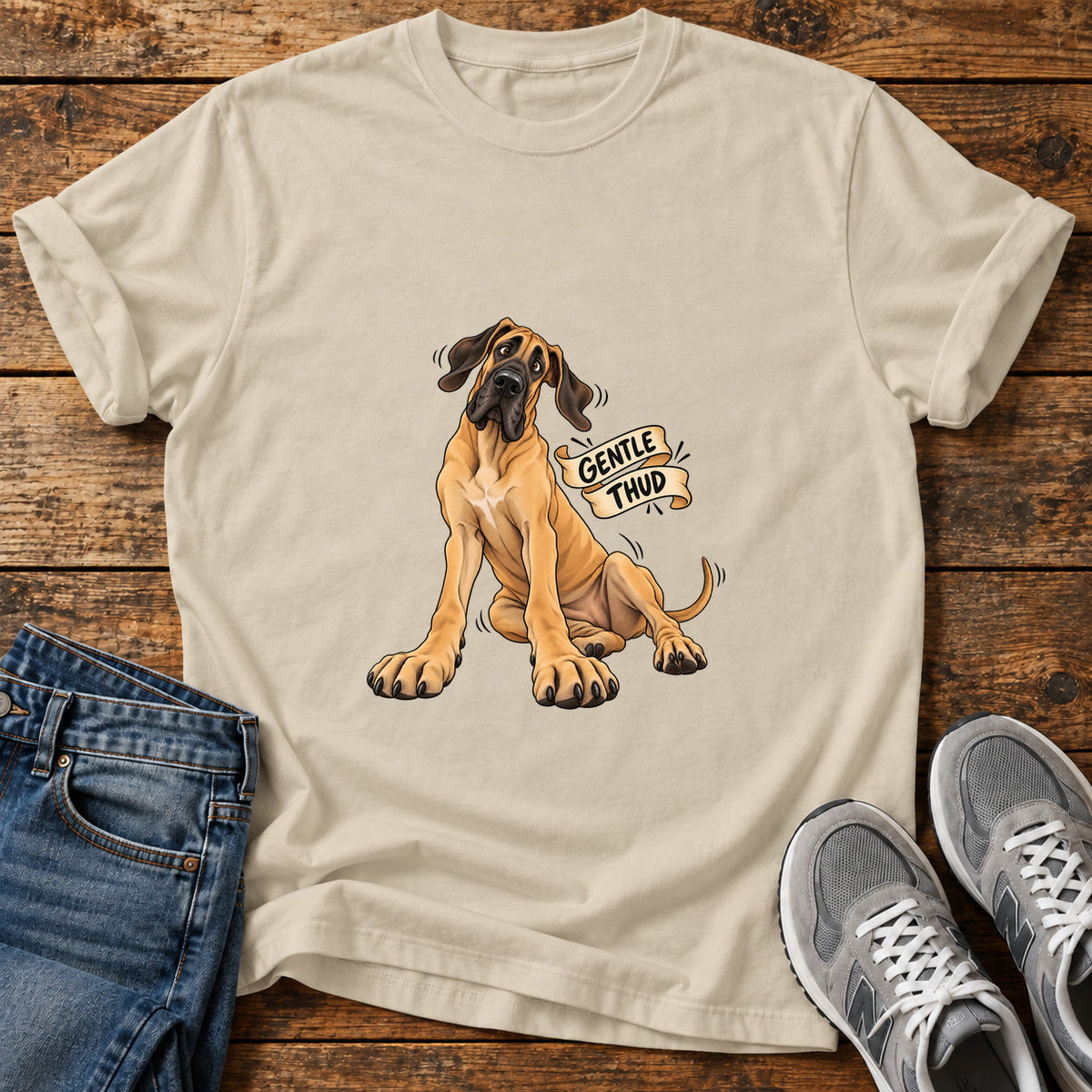 Gentle Thud Great Dane graphic T-shirt in Sand, shown on a flat-lay shirt mockup