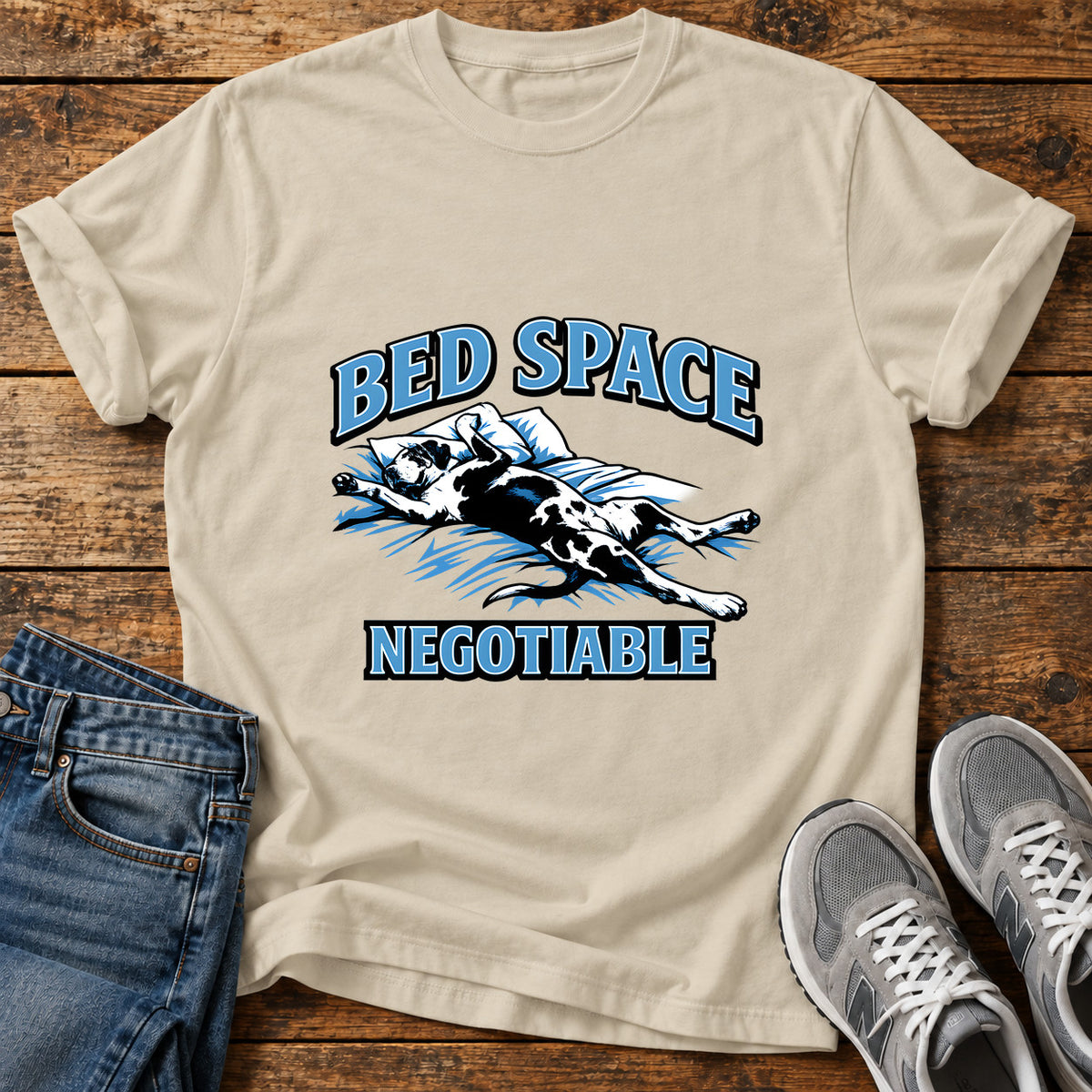 Bed Space Negotiable Great Dane graphic T-shirt in Sand, shown on a flat-lay shirt mockup