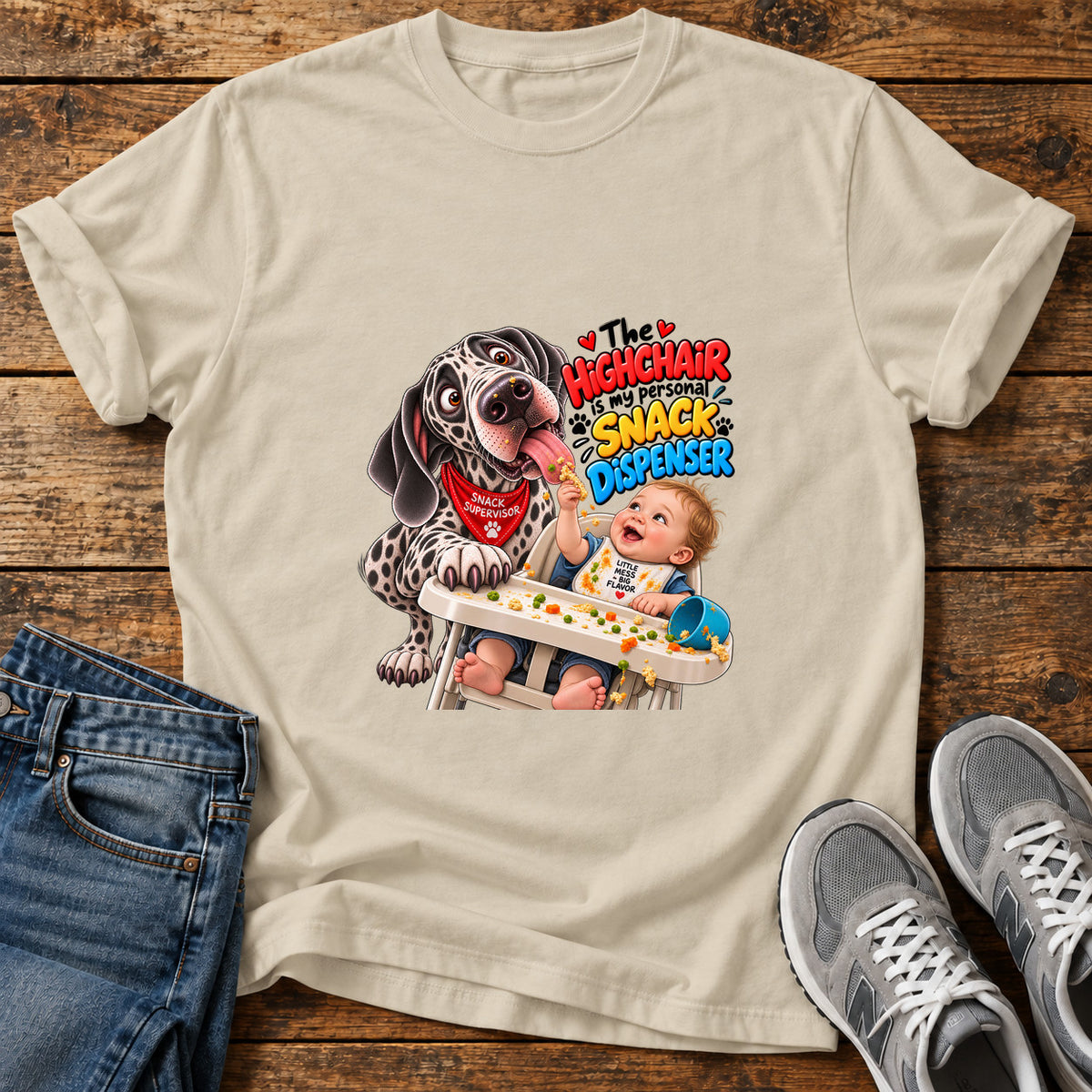 Highchair Snacktime Great Dane graphic T-shirt in Sand, shown on a flat-lay shirt mockup