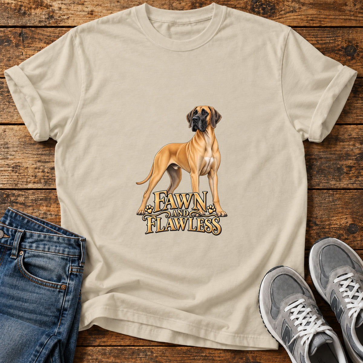 Fawn and Flawless Great Dane graphic T-shirt in Sand, shown on a flat-lay shirt mockup