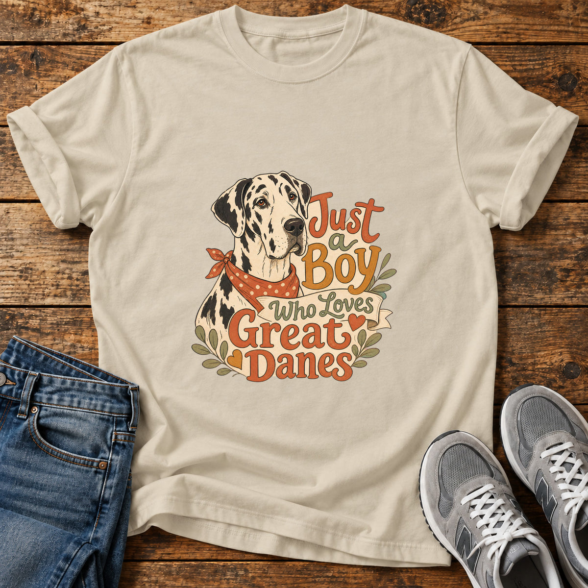 Just a Boy Great Dane graphic T-shirt in Sand, shown on a flat-lay shirt mockup
