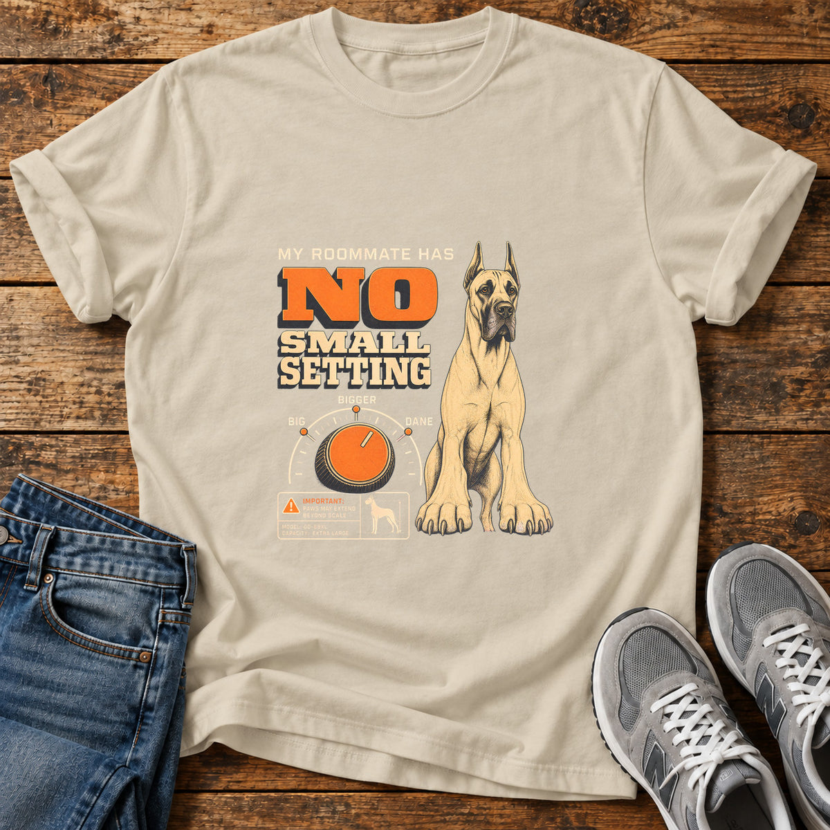 No Small Setting Great Dane graphic T-shirt in Sand, shown on a flat-lay shirt mockup