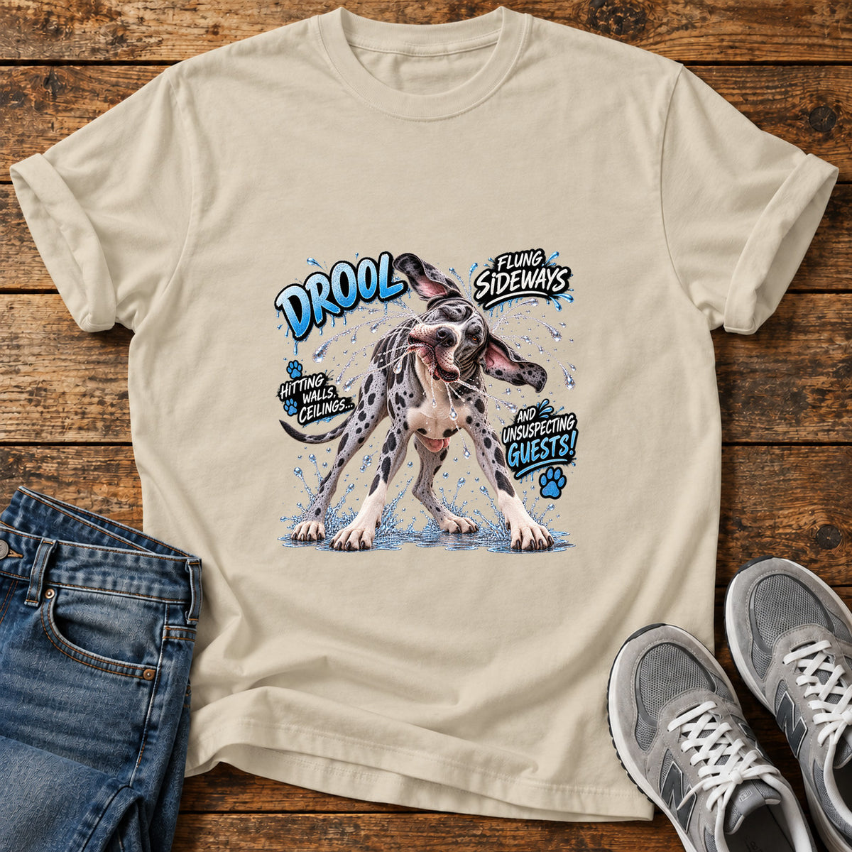 Drool Sideways Great Dane graphic T-shirt in Sand, shown on a flat-lay shirt mockup