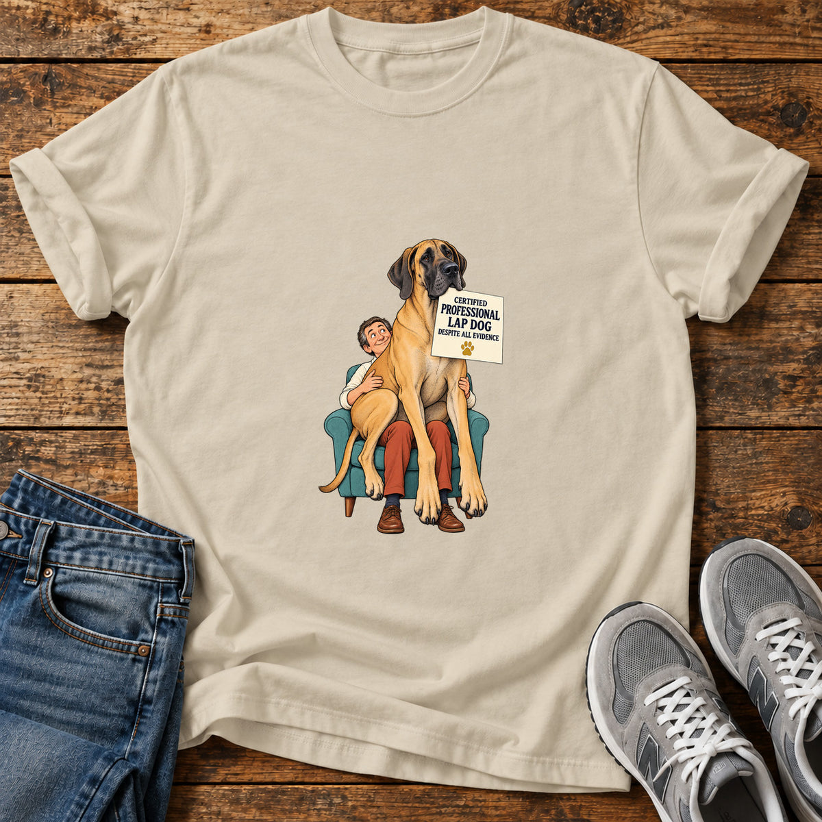 Professional Lap Dog Great Dane graphic T-shirt in Sand, shown on a flat-lay shirt mockup