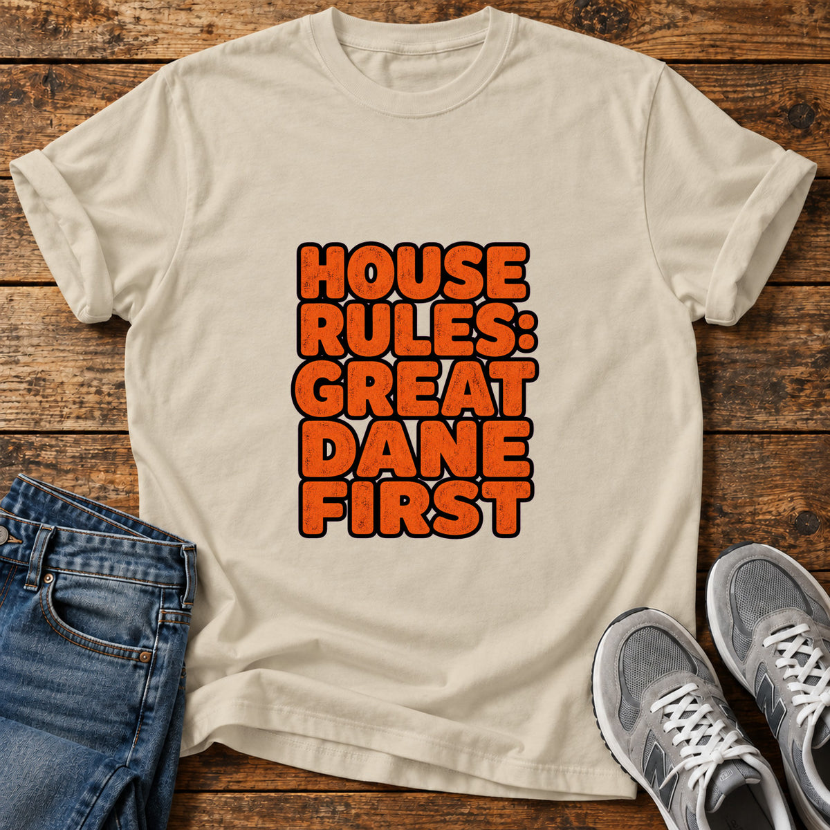 Great Dane Rules graphic T-shirt in Sand, shown on a flat-lay shirt mockup