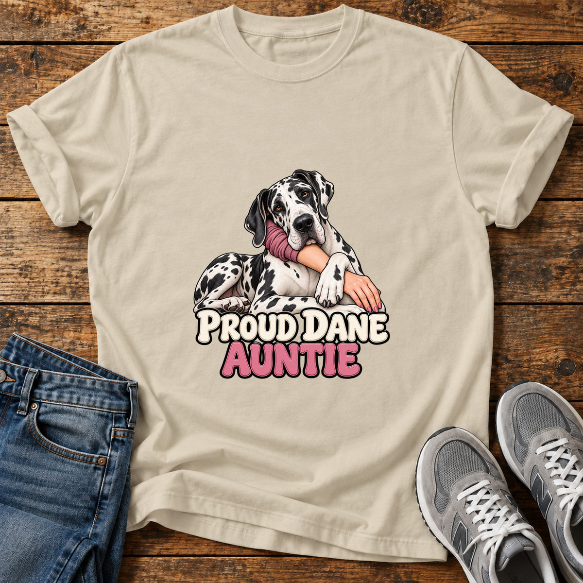 Proud Dane Auntie Great Dane graphic T-shirt in Sand, shown on a flat-lay shirt mockup