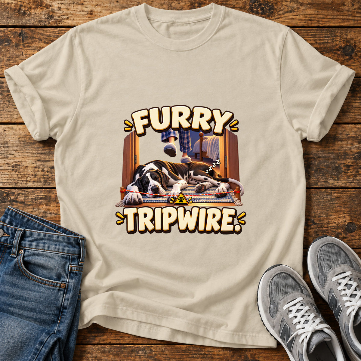 Furry Tripwire Great Dane graphic T-shirt in Sand, shown on a flat-lay shirt mockup