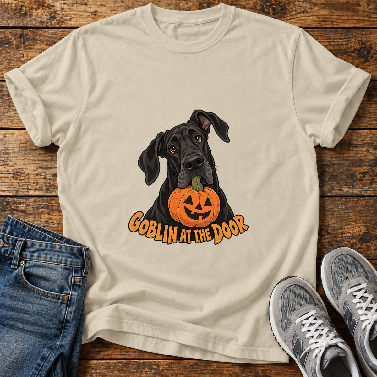 Goblin At Door Great Dane graphic T-shirt in Sand, shown on a flat-lay shirt mockup