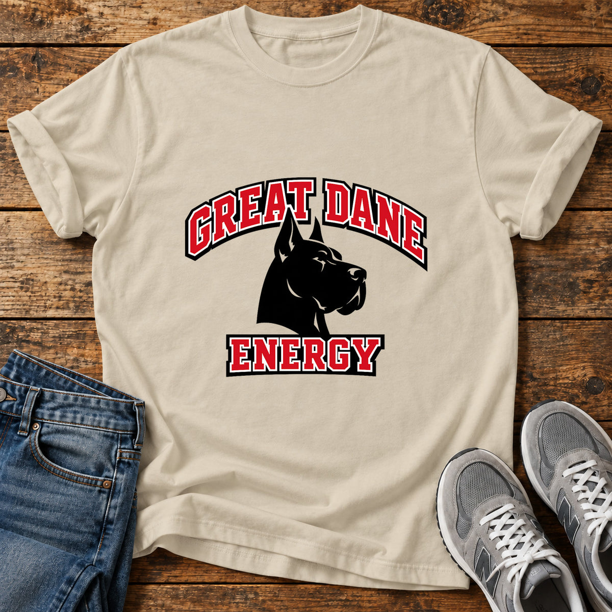 Great Dane Energy graphic T-shirt in Sand, shown on a flat-lay shirt mockup