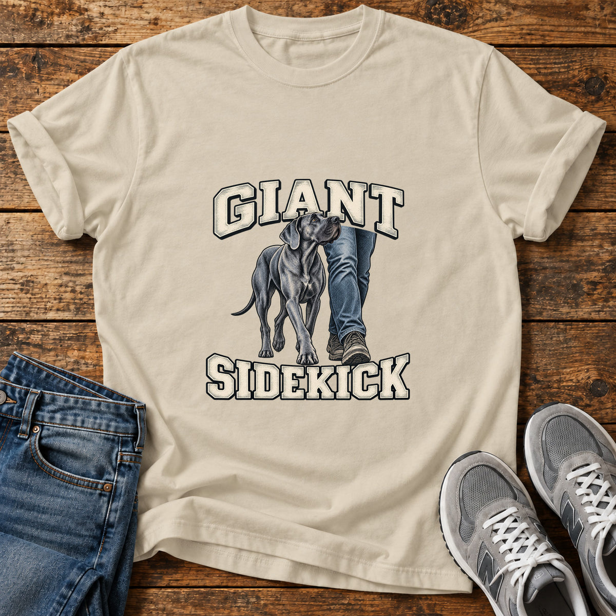Giant Sidekick Great Dane graphic T-shirt in Sand, shown on a flat-lay shirt mockup