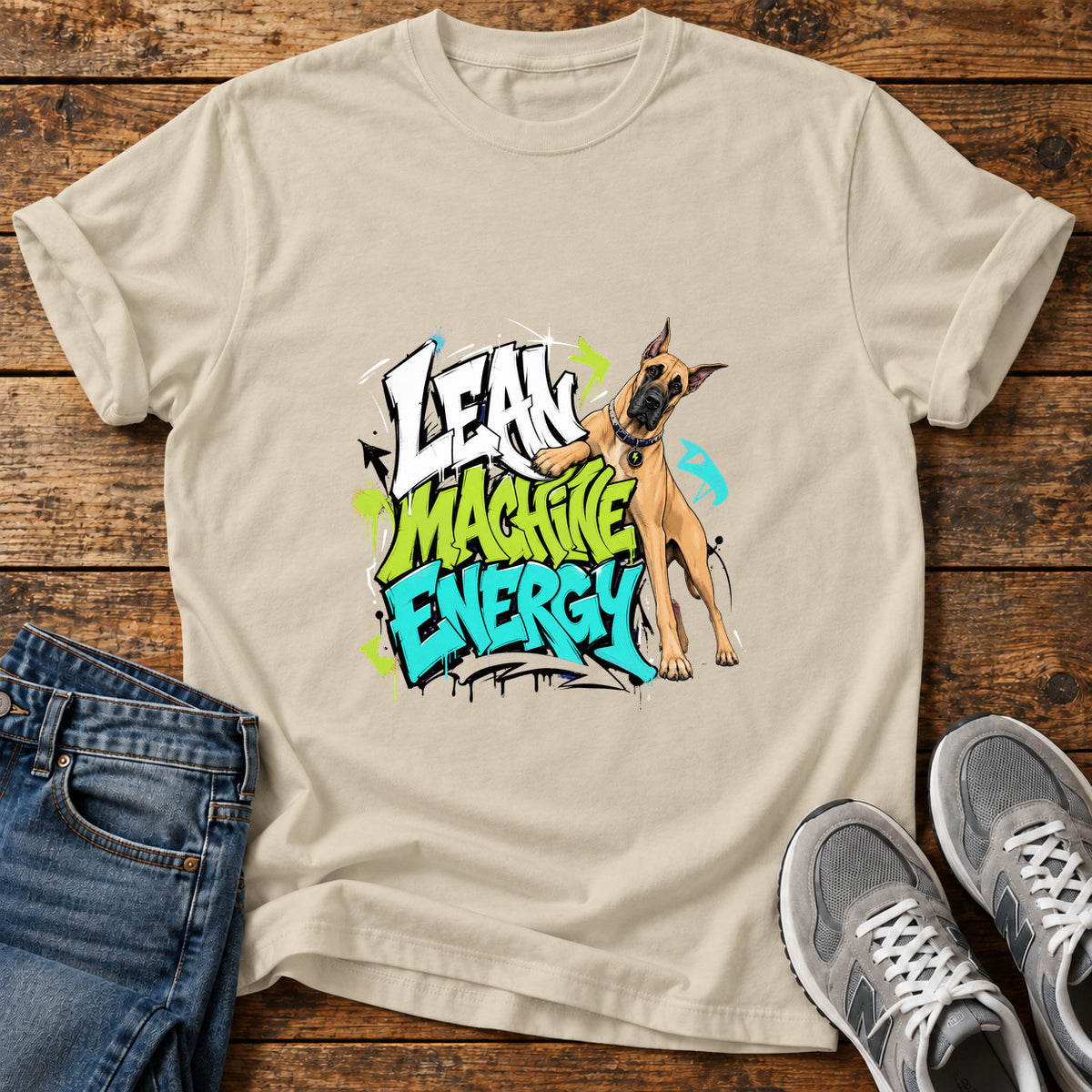 Lean Machine Energy Great Dane graphic T-shirt in Sand, shown on a flat-lay shirt mockup