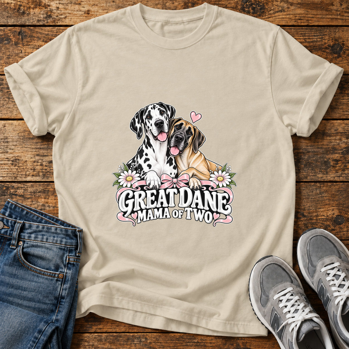 Great Dane Mama graphic T-shirt in Sand, shown on a flat-lay shirt mockup