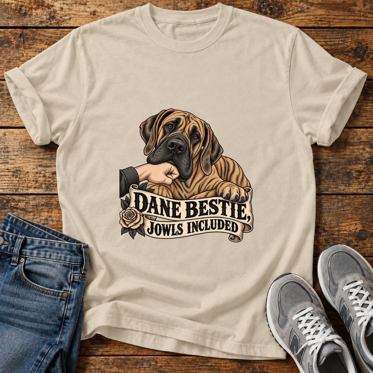 Dane Bestie Jowls Great Dane graphic T-shirt in Sand, shown on a flat-lay shirt mockup