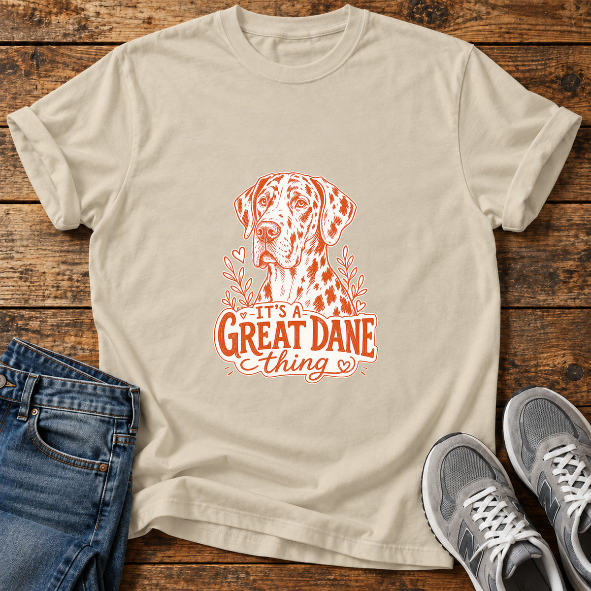 Great Dane Thing graphic T-shirt in Sand, shown on a flat-lay shirt mockup