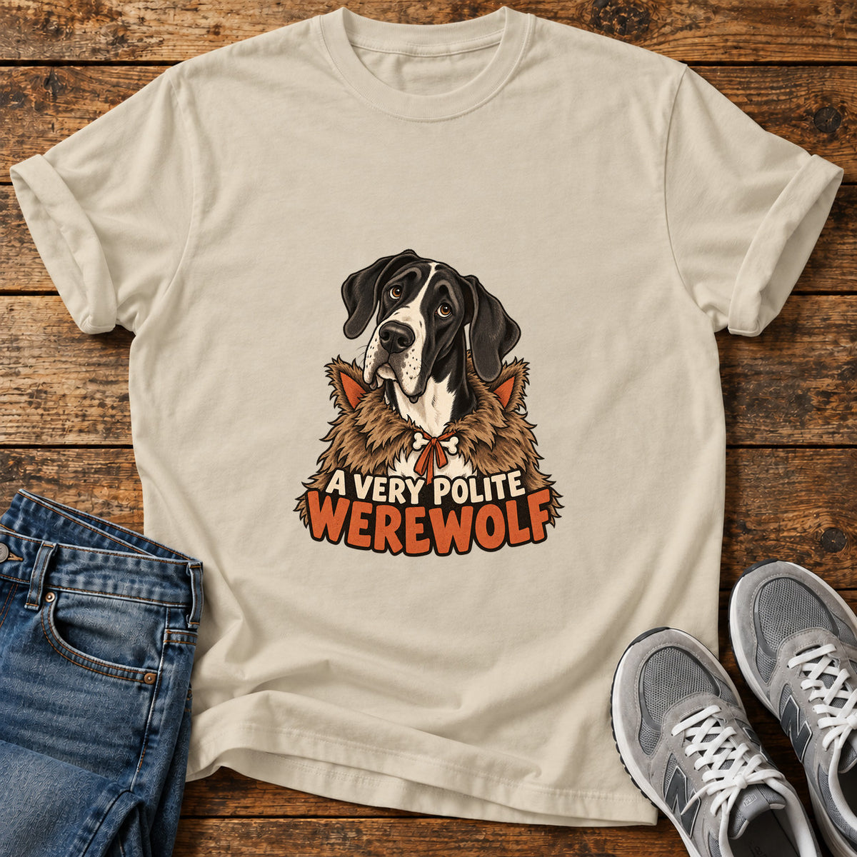 Polite Werewolf Great Dane graphic T-shirt in Sand, shown on a flat-lay shirt mockup