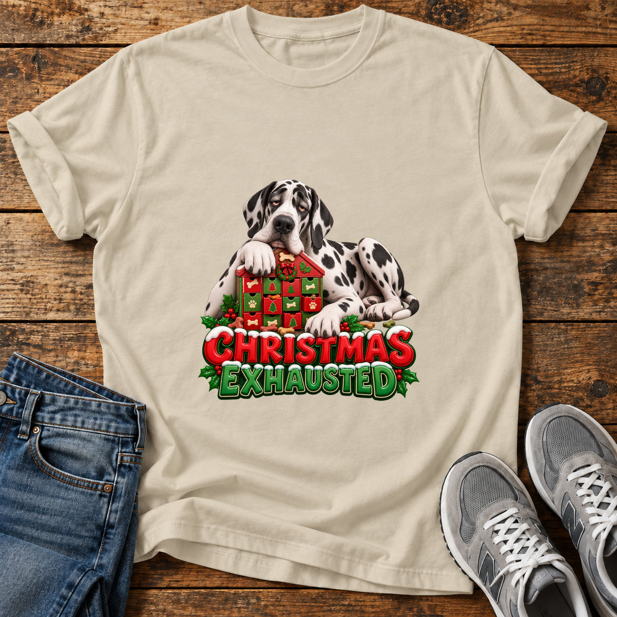 Christmas Exhausted Great Dane graphic T-shirt in Sand, shown on a flat-lay shirt mockup