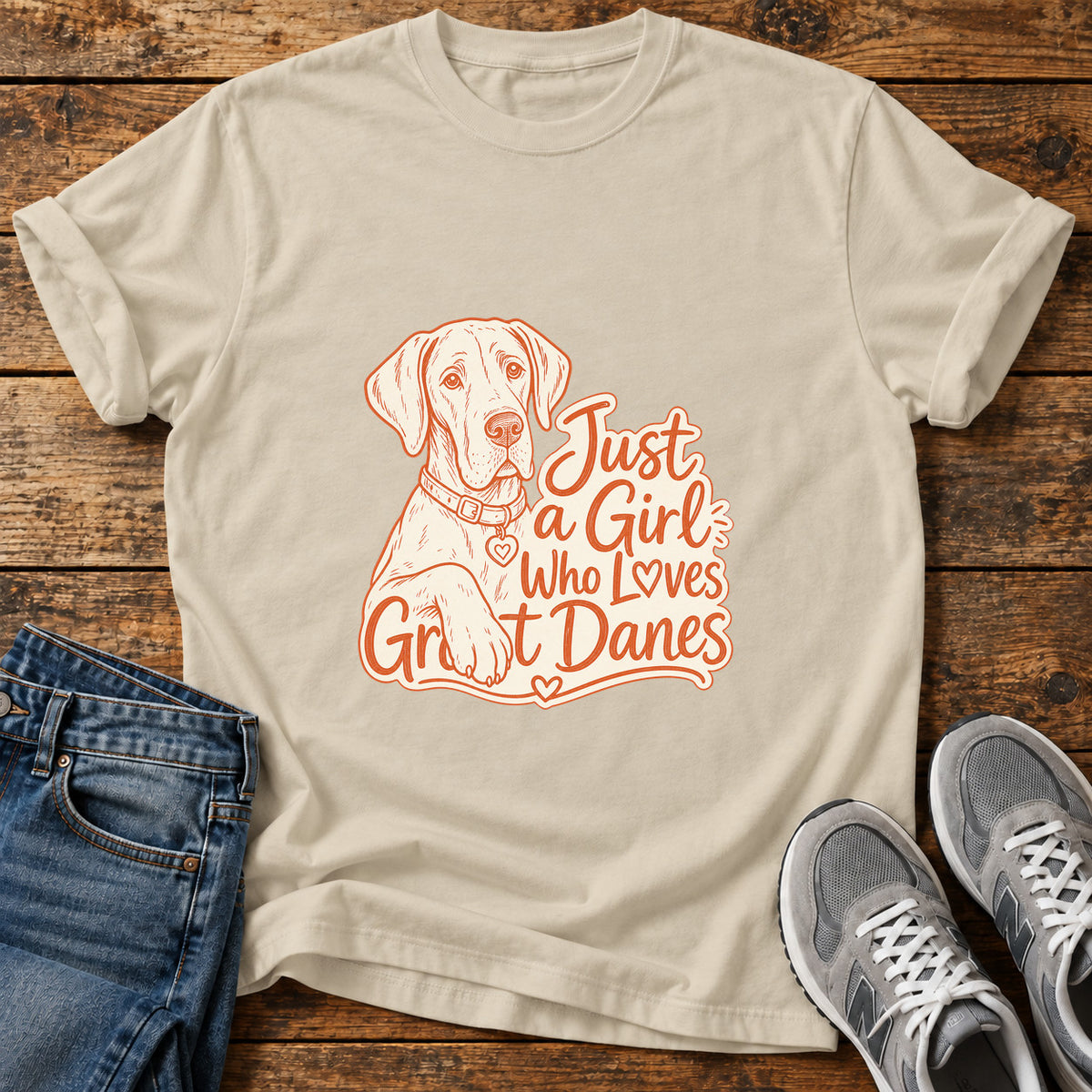 Great Dane Love graphic T-shirt in Sand, shown on a flat-lay shirt mockup