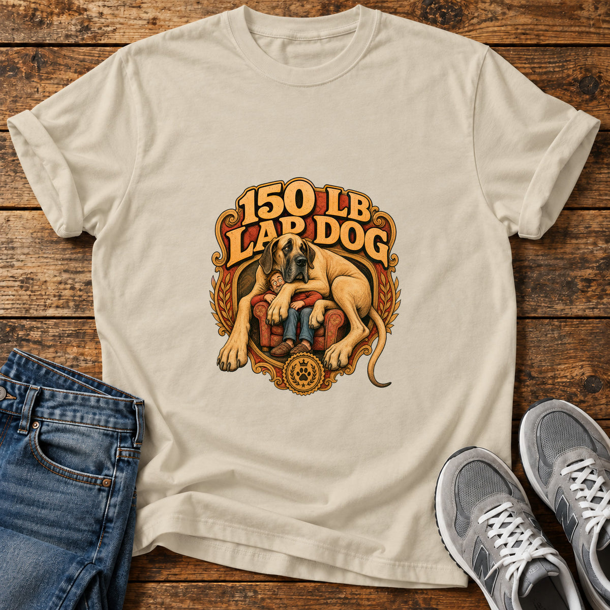 150 Lb Lapdog Great Dane graphic T-shirt in Sand, shown on a flat-lay shirt mockup
