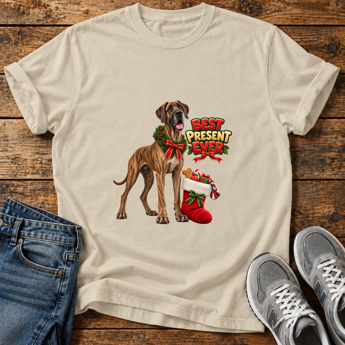 Best Present Ever Great Dane graphic T-shirt in Sand, shown on a flat-lay shirt mockup