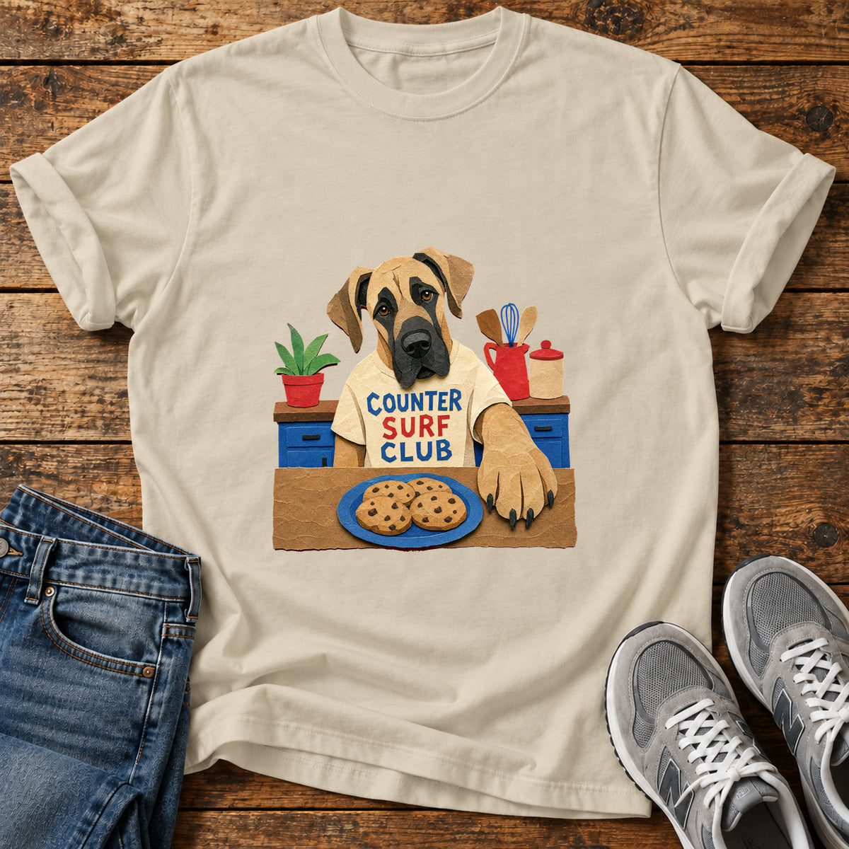 Counter Surf Club Great Dane graphic T-shirt in Sand, shown on a flat-lay shirt mockup