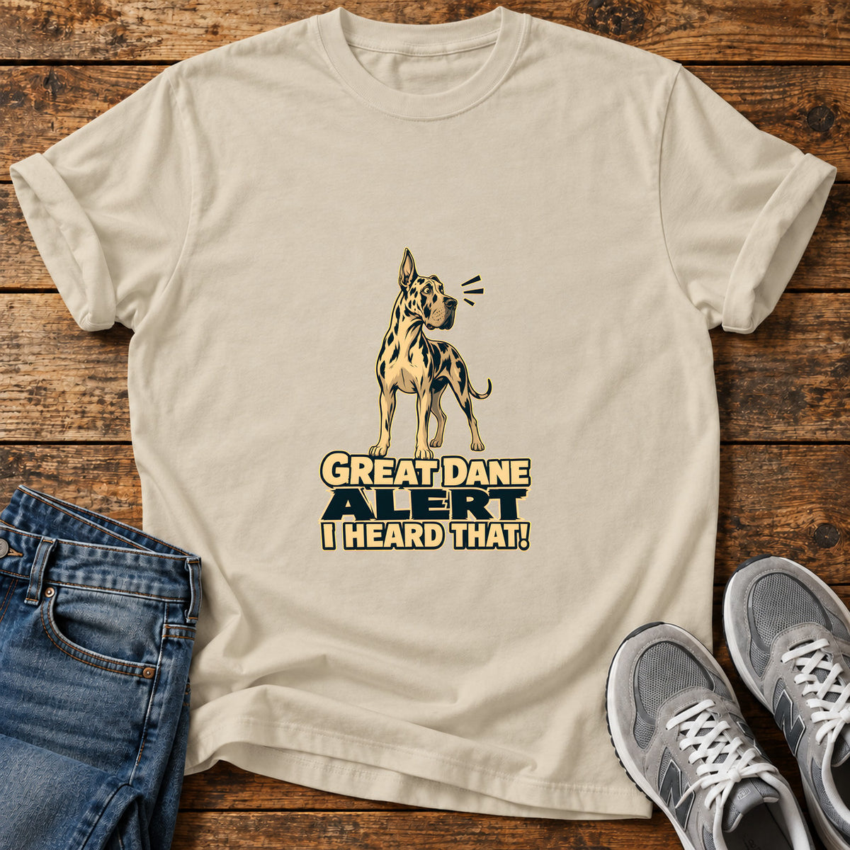 Great Dane Alert graphic T-shirt in Sand, shown on a flat-lay shirt mockup