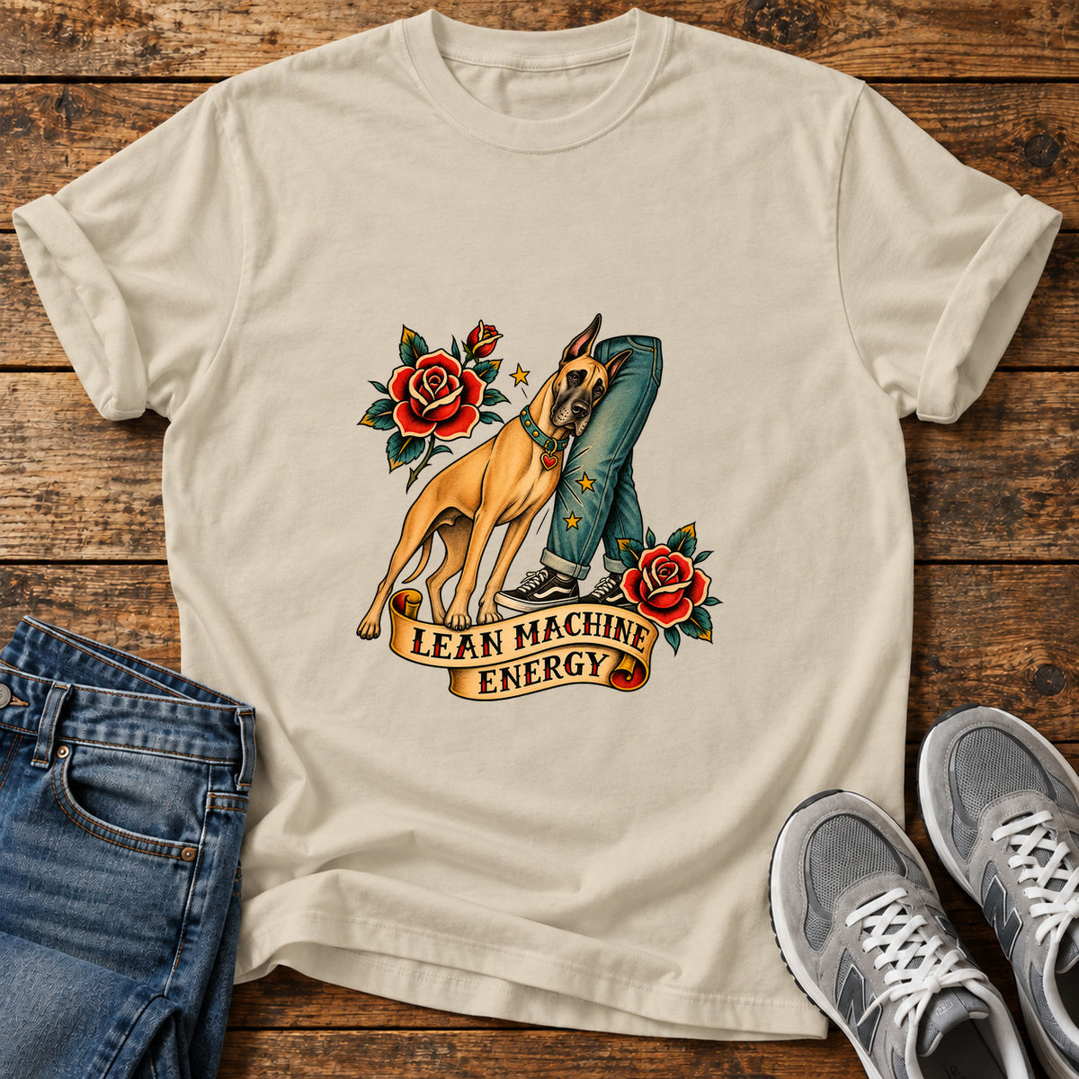 Lean Machine Energy Great Dane graphic T-shirt in Sand, shown on a flat-lay shirt mockup